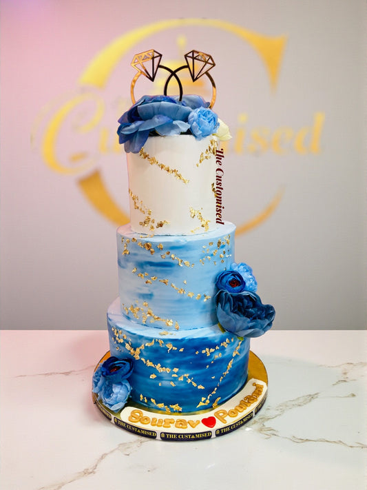Elegant Blue Ombre Engagement Cake