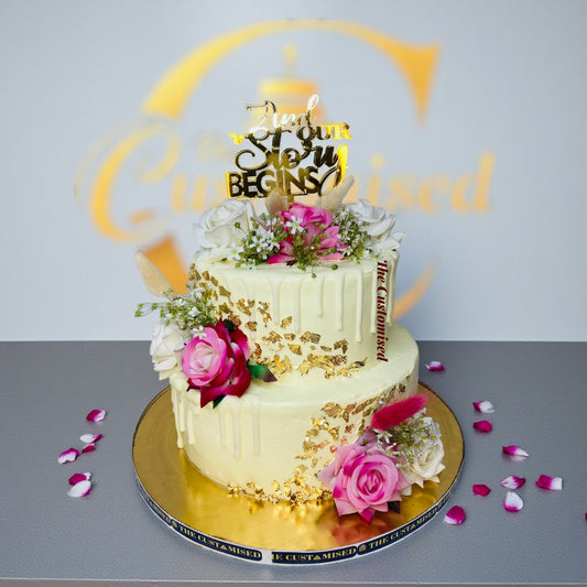 White Drip Floral Engagement Cake