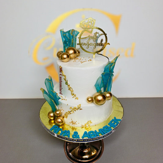 Elegant Blue & Gold Engagement Cake